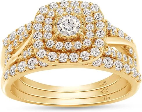 Square Halo Wedding Double Band Set Ling Learge 14k Gold Plated Sterling Silver 1 CTTW Lab الذي خلق Moissanite الوعد الخاتم الخلود للنساء (1 CTTW ، VVS1 Clarity) in Kuwait