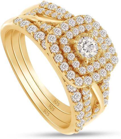 Square Halo Wedding Double Band Set Ling Learge 14k Gold Plated Sterling Silver 1 CTTW Lab الذي خلق Moissanite الوعد الخاتم الخلود للنساء (1 CTTW ، VVS1 Clarity) in Kuwait