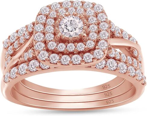 Square Halo Wedding Double Band Set Ling Learge 14k Gold Plated Sterling Silver 1 CTTW Lab الذي خلق Moissanite الوعد الخاتم الخلود للنساء (1 CTTW ، VVS1 Clarity) in Kuwait