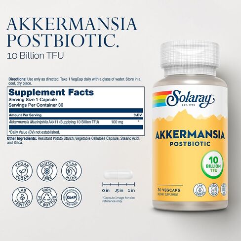 SOLARAY Akkermansia Postbiotic, Akk11, 10 Billion TFU, Beneficial Strain for Gut Health Support, Vegan, Gluten-Free, 60-Day Guarantee, 30 Servings, 30 VegCaps in Saudi Arabia
