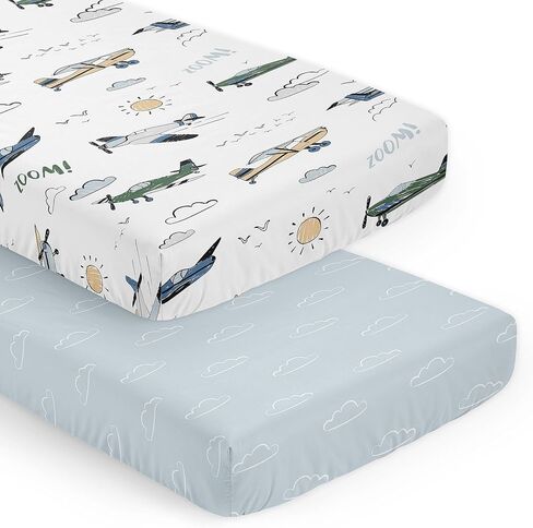 Sweet Jojo Designs Vintage Airplane Boy Baby Bassinet Sheets Fitted Sheet Set Infant Newborn Nursery Oval Rectangle Hourglass Mattress 2p Blue Clouds Sky Grey Yellow Orange Red White Transportation in Saudi Arabia