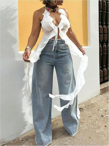 GORGLITTER Women's Fringe Flower Halter Tops Ruffle Tie Front Sleeveless Backless Top Concert Coachella Rodeo Outfits in Saudi Arabia