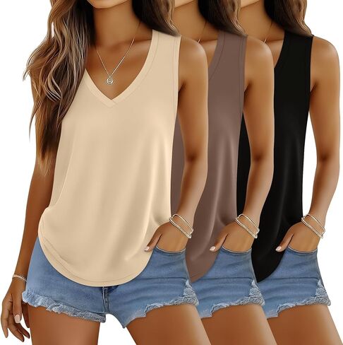 Huukeay 3 Pack Women's Tank Tops V Neck Loose Fit Casual Sleeveless Shirts Summer Flowy Trendy Basic Tee 2026 Fashion in Saudi Arabia
