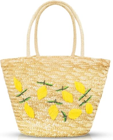 Summer Straw Bag, Beach Bag for Women, Handwoven Handbag Vintage Lemon Pattern Embroidery, Large Rattan Tote Bag Suitable for Vacation Seaside Travel in Saudi Arabia