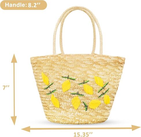 Summer Straw Bag, Beach Bag for Women, Handwoven Handbag Vintage Lemon Pattern Embroidery, Large Rattan Tote Bag Suitable for Vacation Seaside Travel in Saudi Arabia