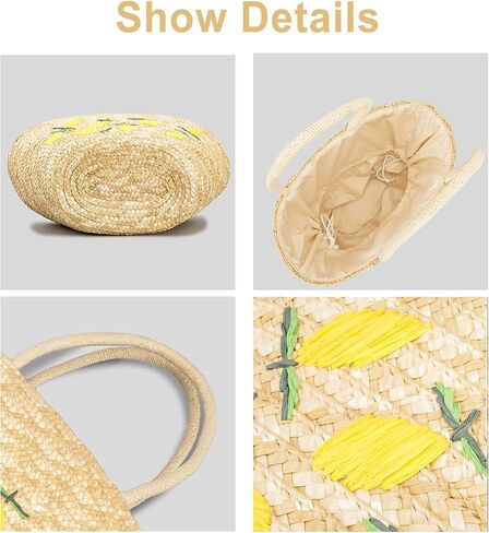 Summer Straw Bag, Beach Bag for Women, Handwoven Handbag Vintage Lemon Pattern Embroidery, Large Rattan Tote Bag Suitable for Vacation Seaside Travel in Saudi Arabia