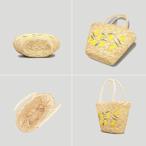 Summer Straw Bag, Beach Bag for Women, Handwoven Handbag Vintage Lemon Pattern Embroidery, Large Rattan Tote Bag Suitable for Vacation Seaside Travel in Saudi Arabia