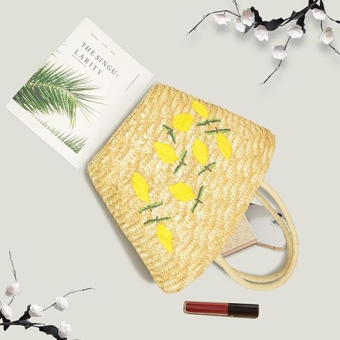 Summer Straw Bag, Beach Bag for Women, Handwoven Handbag Vintage Lemon Pattern Embroidery, Large Rattan Tote Bag Suitable for Vacation Seaside Travel in Saudi Arabia