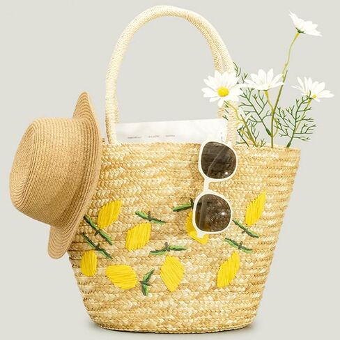 Summer Straw Bag, Beach Bag for Women, Handwoven Handbag Vintage Lemon Pattern Embroidery, Large Rattan Tote Bag Suitable for Vacation Seaside Travel in Saudi Arabia