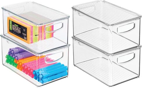 MDESIGN BIN STORAGE BIN BIN حاوية مع غطاء ومقابض مدمجة - منظمة للأقلام أو أقلام الرصاص أو مستلزمات العمل في المكتب المنزلي أو الخزانة أو المكتب ، مجموعة Ligne - 4 Pack - Clear - Clear in Kuwait