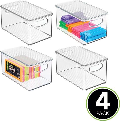 MDESIGN BIN STORAGE BIN BIN حاوية مع غطاء ومقابض مدمجة - منظمة للأقلام أو أقلام الرصاص أو مستلزمات العمل في المكتب المنزلي أو الخزانة أو المكتب ، مجموعة Ligne - 4 Pack - Clear - Clear in Kuwait