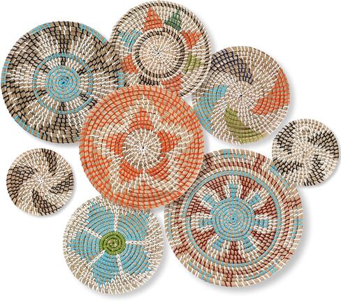 Boho Wall Basket Decor Set of 8 Decorative Hanging Woven Basket Art Round Farmhouse African Woven Bowl Decor for Kitchen Rustic Home Summer Decorations, Multi Sizes(Colorful) in Saudi Arabia