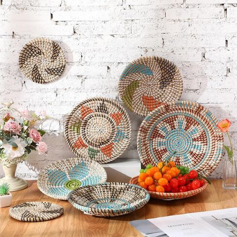Boho Wall Basket Decor Set of 8 Decorative Hanging Woven Basket Art Round Farmhouse African Woven Bowl Decor for Kitchen Rustic Home Summer Decorations, Multi Sizes(Colorful) in Saudi Arabia