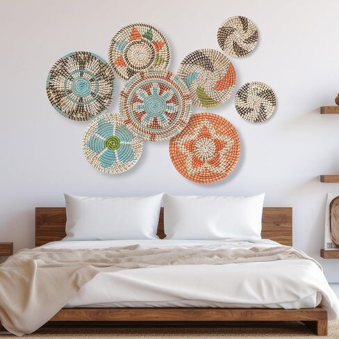 Boho Wall Basket Decor Set of 8 Decorative Hanging Woven Basket Art Round Farmhouse African Woven Bowl Decor for Kitchen Rustic Home Summer Decorations, Multi Sizes(Colorful) in Saudi Arabia
