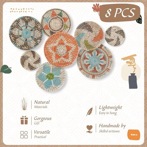 Boho Wall Basket Decor Set of 8 Decorative Hanging Woven Basket Art Round Farmhouse African Woven Bowl Decor for Kitchen Rustic Home Summer Decorations, Multi Sizes(Colorful) in Saudi Arabia