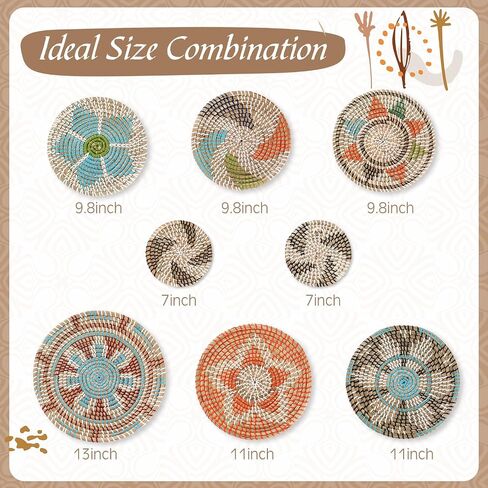 Boho Wall Basket Decor Set of 8 Decorative Hanging Woven Basket Art Round Farmhouse African Woven Bowl Decor for Kitchen Rustic Home Summer Decorations, Multi Sizes(Colorful) in Saudi Arabia