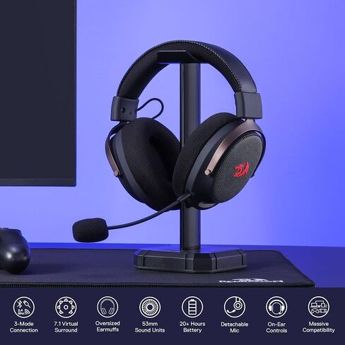 سماعة ألعاب لاسلكية Redragon H858 بثلاثة أوضاع، صوت محيطي 7.1، مشغلات 53 مم، وسادات أذن من إسفنج الذاكرة، ميكروفون قابل للفصل لإلغاء الضوضاء، سماعات فوق الأذن تعمل للجوال، الكمبيوتر الشخصي/PS5/XBOX/NS in Saudi Arabia