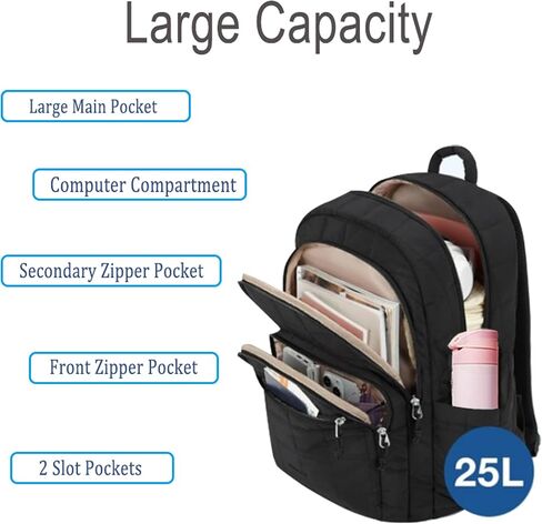 15.6 Inch Laptop Backpack Travel Quilted Casual Daypack for Women Water-Resistant Large Capacity Bag Pink in Saudi Arabia