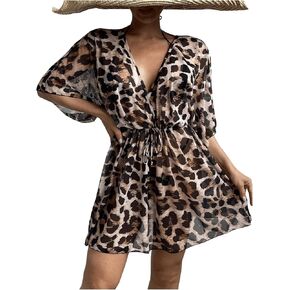 Oyoangle Women's Leopard Short Sleeve Cover Up Dress V Deck Dray Cerksust Swimsuit Coverups Beachswear in Kuwait