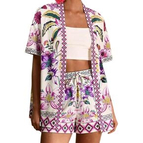 Women Boho Tropical Print Beach Cover Up Shorts Set 2 قطعة صيف صالة ملابس خفيفة الوزن ملابس مطابقة in Kuwait