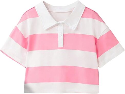 SweatyRocks Girl's Striped Collar T Shirt Short Sleeve Half Button Summer Tee Tops in Saudi Arabia
