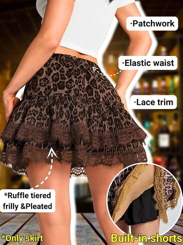 Leopard Faux Suede Mini Skirt, High Waisted Pleated with Shorts, Ruffle Western Skirts, Concert Outfits for Women in Kuwait