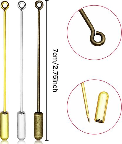 40PCS Brooch Safety Pins for Jewelry Making Metal Brooch Stick Pins Brooch Pin Stick Safety Pins Needle Eye Pin Long Needle Eye Pin with Stopper Ends for Men Women Suit (Silver) in Kuwait