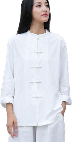 Womens Cotton Linen Casual Long Sleeve Loose T-Shirt Tops Button Down Blouse Cardigan Shirts in Saudi Arabia