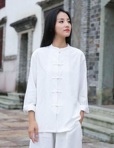 Womens Cotton Linen Casual Long Sleeve Loose T-Shirt Tops Button Down Blouse Cardigan Shirts in Saudi Arabia