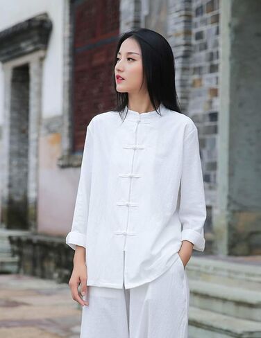 Womens Cotton Linen Casual Long Sleeve Loose T-Shirt Tops Button Down Blouse Cardigan Shirts in Saudi Arabia