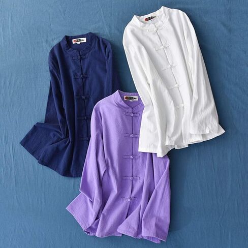 Womens Cotton Linen Casual Long Sleeve Loose T-Shirt Tops Button Down Blouse Cardigan Shirts in Saudi Arabia