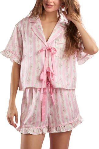 Womens Cute Bow Tie Front Pajamas Summer Y2k Floral Pjs 2 Piece Outfits Puff Sleeve Shirt Ruffle Lounge Shorts Sets in Saudi Arabia