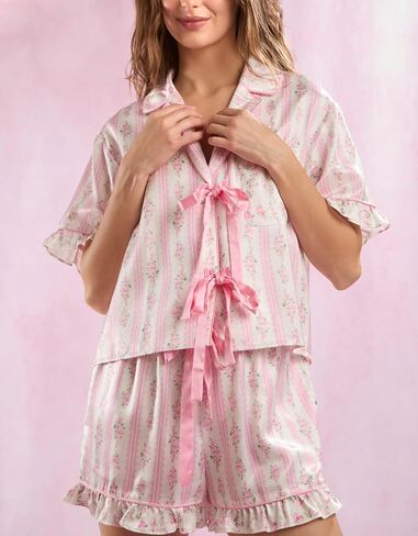 Womens Cute Bow Tie Front Pajamas Summer Y2k Floral Pjs 2 Piece Outfits Puff Sleeve Shirt Ruffle Lounge Shorts Sets in Saudi Arabia