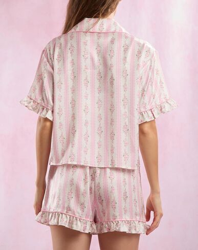 Womens Cute Bow Tie Front Pajamas Summer Y2k Floral Pjs 2 Piece Outfits Puff Sleeve Shirt Ruffle Lounge Shorts Sets in Saudi Arabia