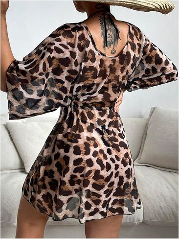 OYOANGLE Women's Leopard Short Sleeve Cover Up Dress V Neck Drawstring Waist Swimsuit Coverups Beachwear in Saudi Arabia