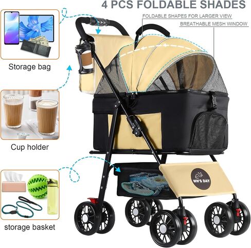 3 in 1 Pet Dog Stroller for Small Medium Dogs 10-50 lbs, Foldable Cat-Strollers for 2-Cats with Removable Carrier, Pet-Strollers for Cats with Storage Bag, Small Puppy-Stroller, Dog-Cart (Black) in Saudi Arabia