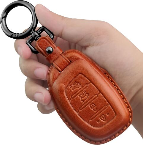 Tukellen Genuine Leather Key Fob Cover Smart Key Holder Sleeve Fit for Hyundai Elantra Elantra GT Ioniq Sonata Tucson Smart 4 Buttons (Black(Red line)) in Saudi Arabia