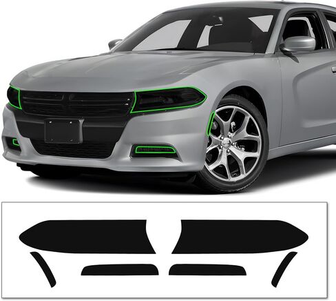 Pre-Cut Headlight & Fog-Light Tint Kit Compatible with Dodge Charger 2015-2020 | Precision Cut Stretchable PPF Vinyl Overlay Cover Wrap (Dark Smoke) in Kuwait
