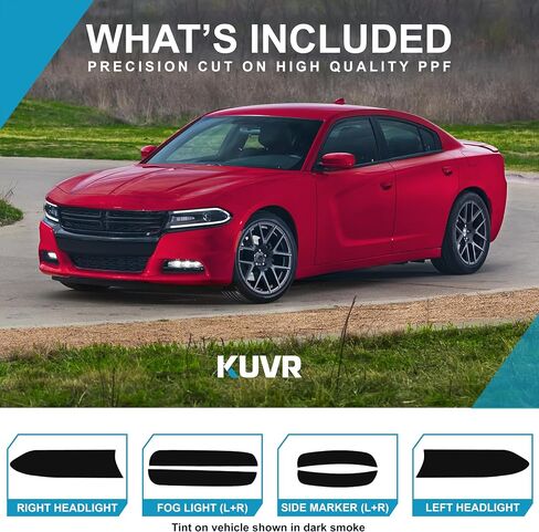 Pre-Cut Headlight & Fog-Light Tint Kit Compatible with Dodge Charger 2015-2020 | Precision Cut Stretchable PPF Vinyl Overlay Cover Wrap (Dark Smoke) in Kuwait