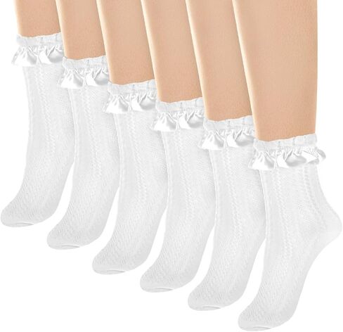 Giantree 3 Pairs Women Frilly Lace Ankle Ruffle Socks, Comfortable Cotton Cute Princess Lolita Socks (White) in Saudi Arabia