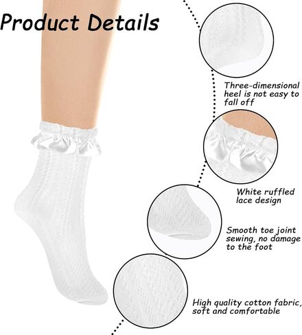 Giantree 3 Pairs Women Frilly Lace Ankle Ruffle Socks, Comfortable Cotton Cute Princess Lolita Socks (White) in Saudi Arabia