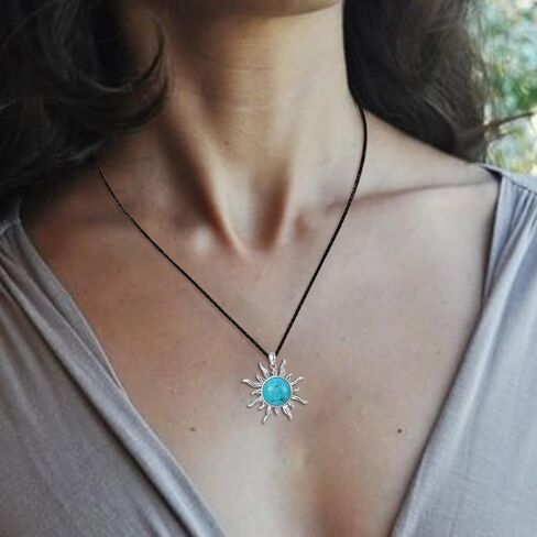 Sun Turquoise Pendant Necklace, 925 Sterling Silver Genuine Gemstones Western Jewelry Gift for Women in Saudi Arabia