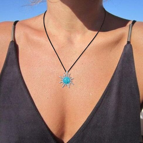 Sun Turquoise Pendant Necklace, 925 Sterling Silver Genuine Gemstones Western Jewelry Gift for Women in Saudi Arabia