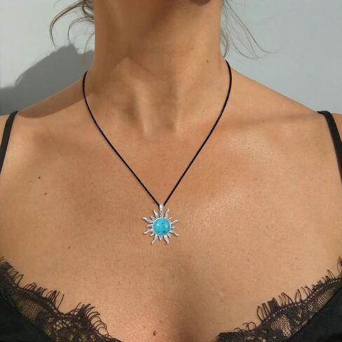 Sun Turquoise Pendant Necklace, 925 Sterling Silver Genuine Gemstones Western Jewelry Gift for Women in Saudi Arabia