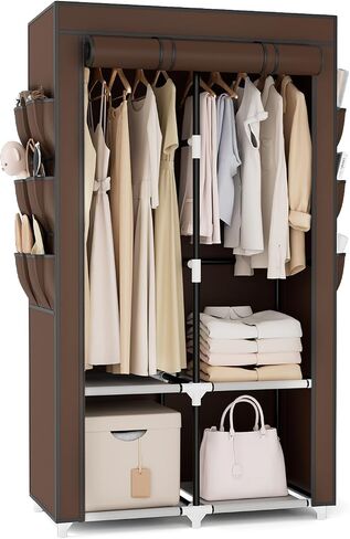 VTRIN Portable Closet Wardrobe Closet for Hanging Clothes with 4 Storage Shelves, 2 Hanging Rods and 6 Pockets, Stable and Easy Assembly Clothes Rack with Cover Free Standing Closet for Bedroom, Black in Saudi Arabia