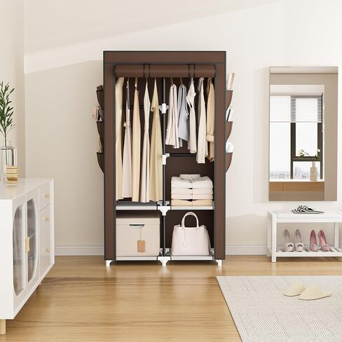 VTRIN Portable Closet Wardrobe Closet for Hanging Clothes with 4 Storage Shelves, 2 Hanging Rods and 6 Pockets, Stable and Easy Assembly Clothes Rack with Cover Free Standing Closet for Bedroom, Black in Saudi Arabia