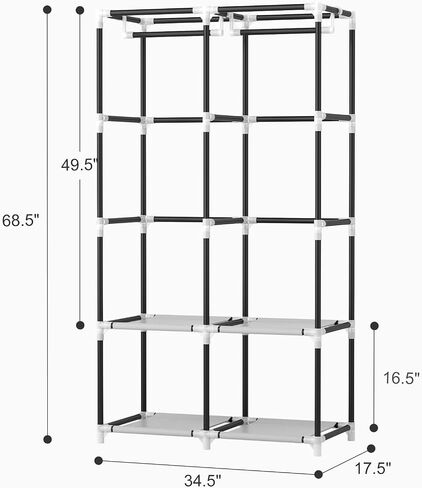 VTRIN Portable Closet Wardrobe Closet for Hanging Clothes with 4 Storage Shelves, 2 Hanging Rods and 6 Pockets, Stable and Easy Assembly Clothes Rack with Cover Free Standing Closet for Bedroom, Black in Saudi Arabia
