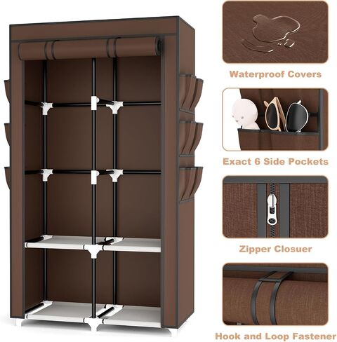 VTRIN Portable Closet Wardrobe Closet for Hanging Clothes with 4 Storage Shelves, 2 Hanging Rods and 6 Pockets, Stable and Easy Assembly Clothes Rack with Cover Free Standing Closet for Bedroom, Black in Saudi Arabia