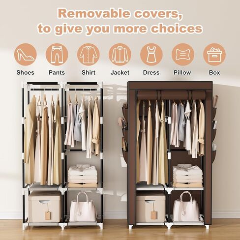 VTRIN Portable Closet Wardrobe Closet for Hanging Clothes with 4 Storage Shelves, 2 Hanging Rods and 6 Pockets, Stable and Easy Assembly Clothes Rack with Cover Free Standing Closet for Bedroom, Black in Saudi Arabia