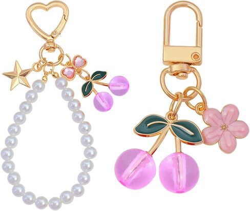 Dreuyet 2Pcs Cherry Bag Charms Keychains with Flower Blossom Pearl Car Purse KeyChain Accessories Gifts in Saudi Arabia